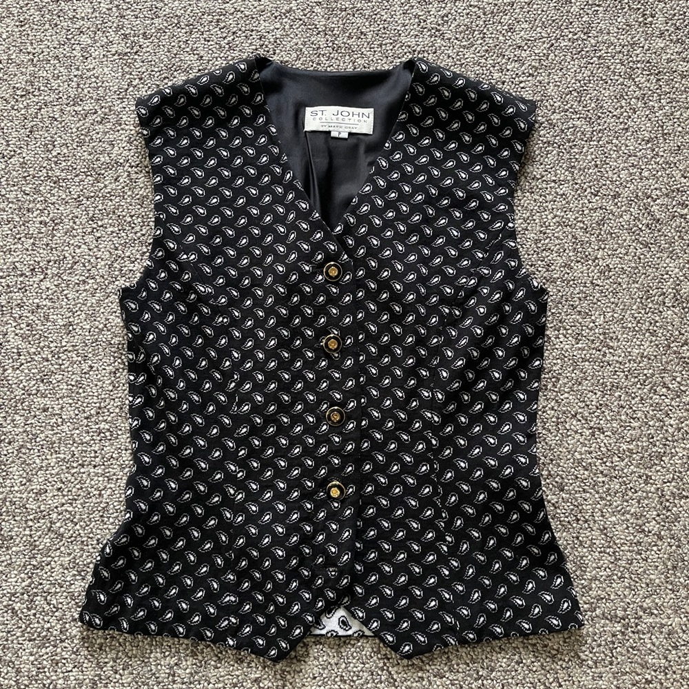 St John Paisley Black & White Gold Button Fitted Knit Vest P XS